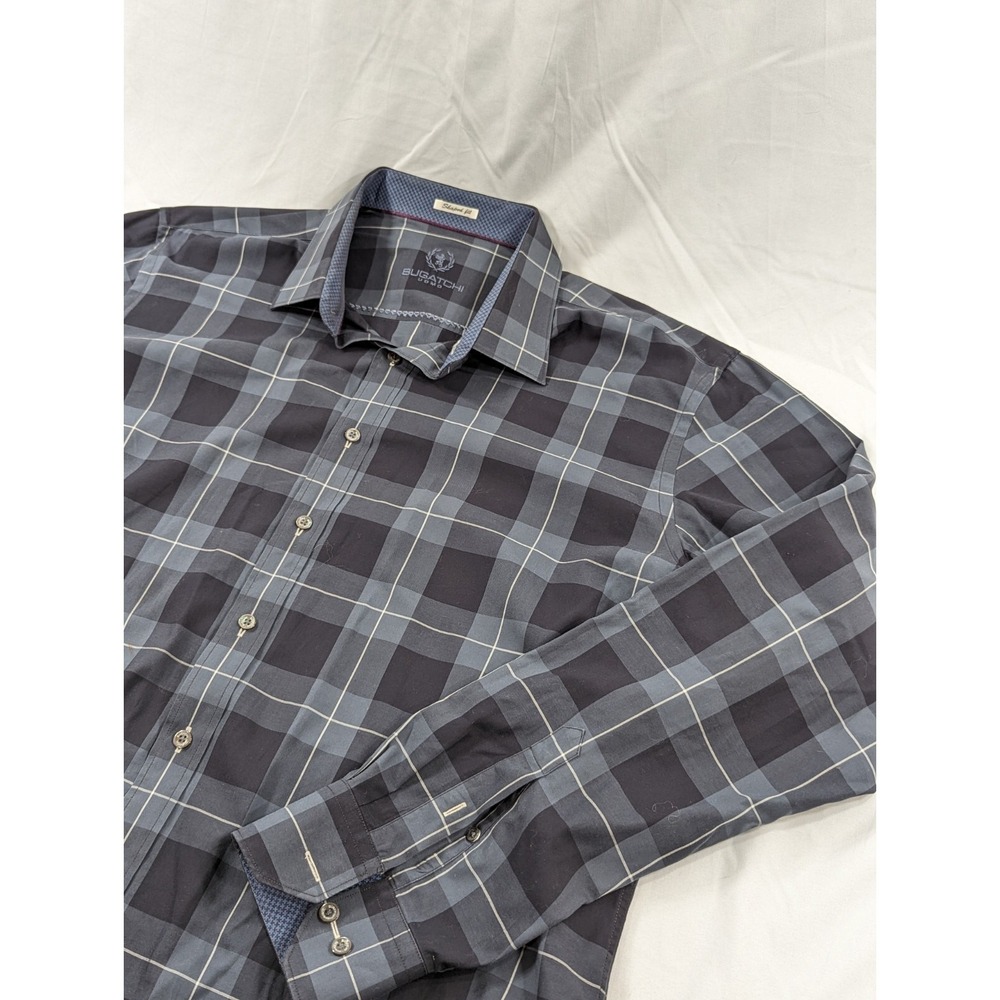 Bugatchi Uomo Mens Shirt XXL 2XL Shaped Fit‎ Button Up Long Sleeve Black Plaid